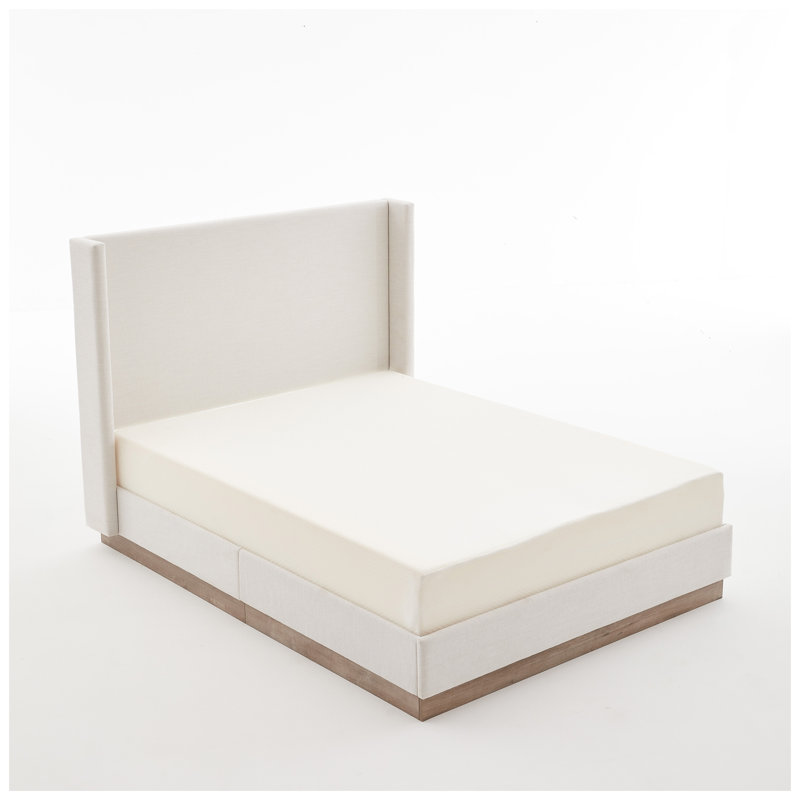 Très grand lit plateforme à oreilles tapissier Hosford - Toile ivoire texturée avec base en bois rustique, sans sommier