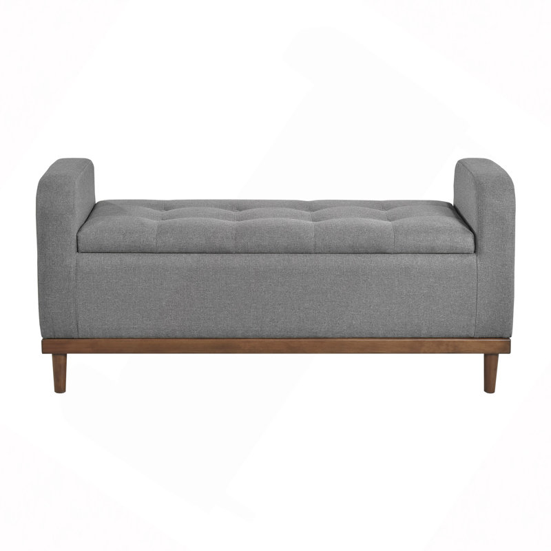Gray Upholstered Mid-Century Modern Lift Top Storage Bench, Solid Wood Walnut Bedroom Piece Bench In Design, Fabric Upholstery,