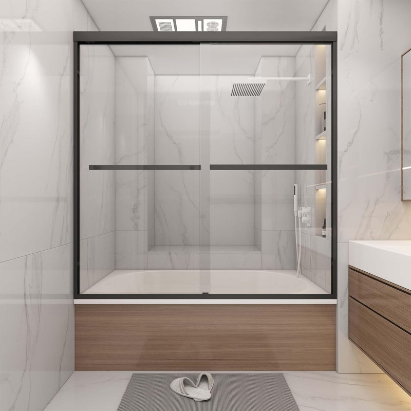 60'' W X 60'' H Double Sliding Semi-Frameless Tub Door With 1/4"(6Mm) Clear Tempered Glass, Matte Black