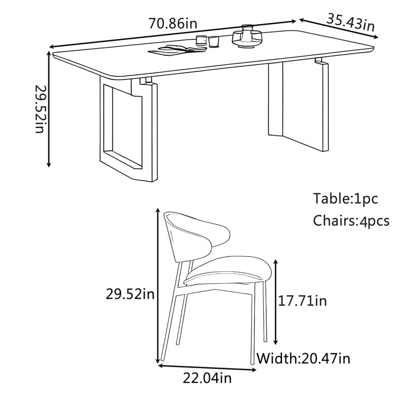 Ensemble de table de salle à manger et de chaises de luxe, H 29,52 po x L 70,86 po x l 35,43 po