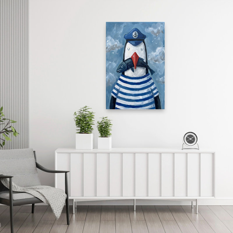 Sailor pingouin avec poisson fantaisiste abstrait oiseau poisson pingouin océan paysage impression murale, H 36 po x l 24 po
