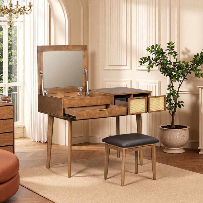 43.3“ Free-standing Vanity with 3 Drawers, Flip-top Mirror and 1 Stool