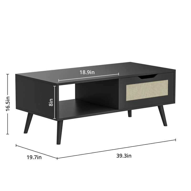 39" Rattan Coffee Table,Boho Coffee Table with Drawer & Shelf, Black
