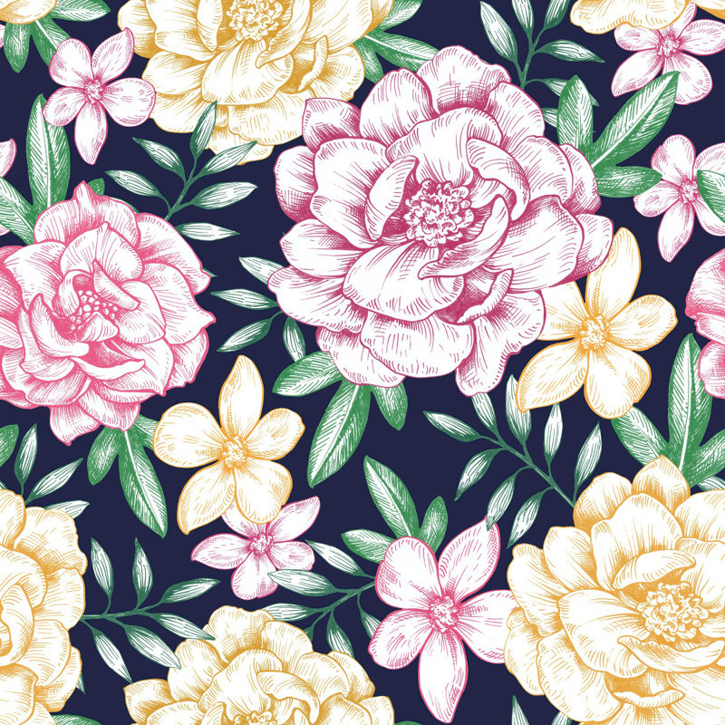 Panneau de papier peint foncé avec fleurs jaunes et roses de L 10,4 pi x l 125 po