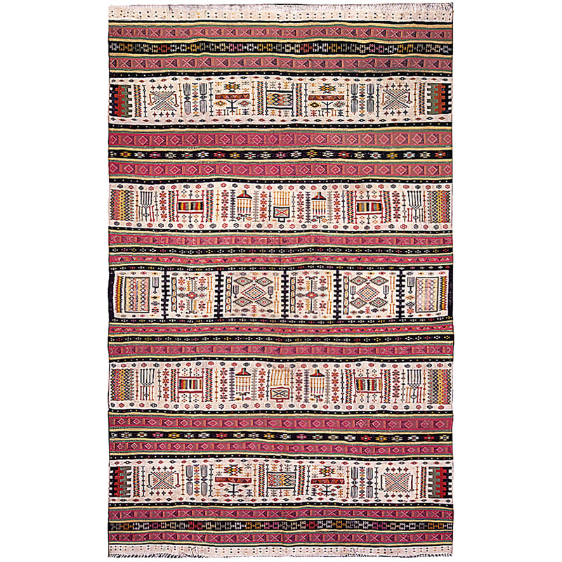 Tapis ivoire / rose / noir en laine noué à la main style rétro du 20e siècle 6 pi 2 po x 9 pi 10 po Vintage