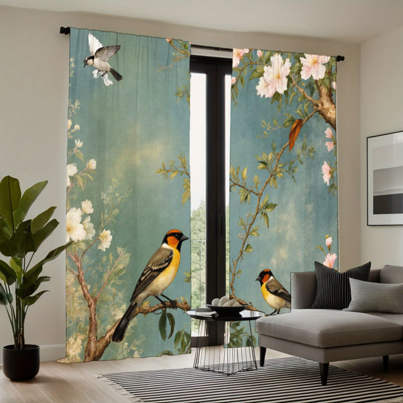 2Pcs Vintage Birds and Flowers Curtains, Blue Sky Pattern, Rod Pocket Sun Blocking, Nature Style, All-Season For Living Room Bedroom Study Window Decor