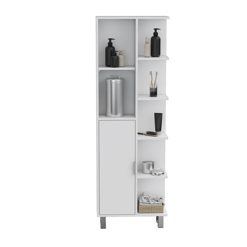 Mott 63" H Linen Bathroom Cabinet With Seven Open Shelves, One Drawer And Four Legs,White, Matte White
