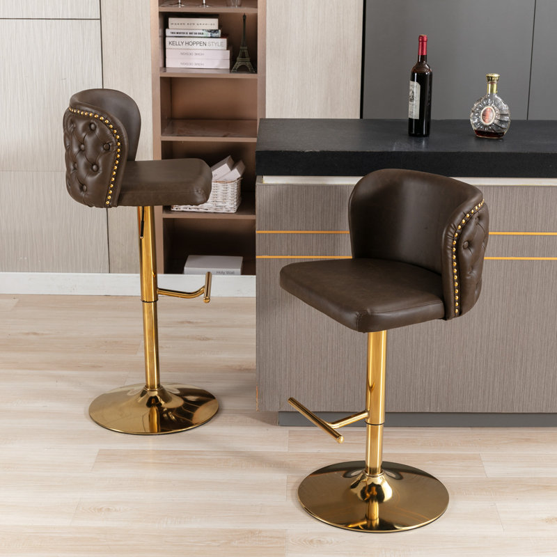 Tabourets de bar pivotants en cuir synthétique à hauteur réglable Tony, Brun, Doré