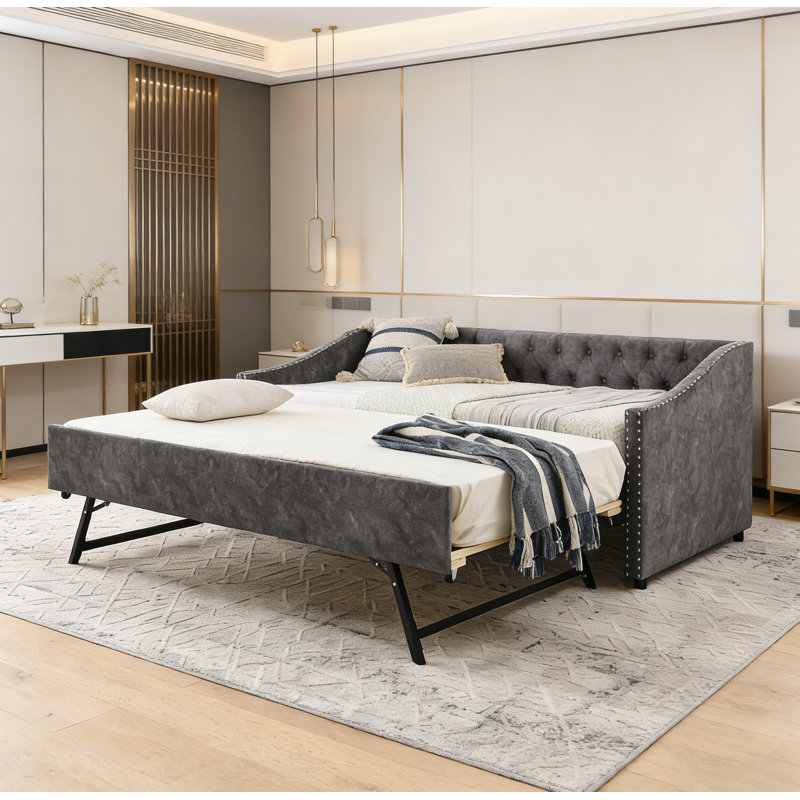 Twin Size Daybed with USB Charging & Pull-out Extendable Bed, with Button on Back and Copper Nail on Waved Shape Arms (81"x42"x30.75")