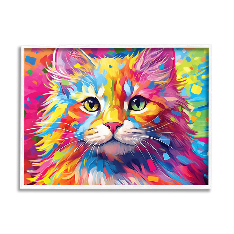 " Vivid Cat Painting " Print, Coastal White Framed Giclee, 16" H x 20" W x 1.5" D