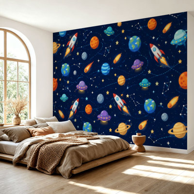 Wall Mural Peel and Stick Wallpaper Space Solar system Rocket Self-Adhesive Removable Contact Paper Wall Decor for Living Room Bedroom 69"H x 96"W