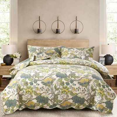 Sleepbella 100% Cotton Quilt 3Pcs,Reversible Leaves & Flowers Pattern On White,Luxury Lightweight Coverlet Sets For All Season