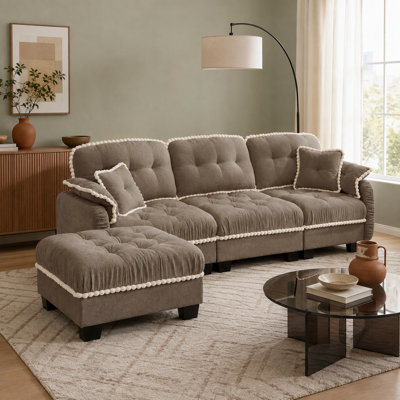 Casselman 3-Seater Chenille L-Shaped Sofa with Movable Ottoman, Quilted Tufting, Pom-Pom Trim and 4 Pillows