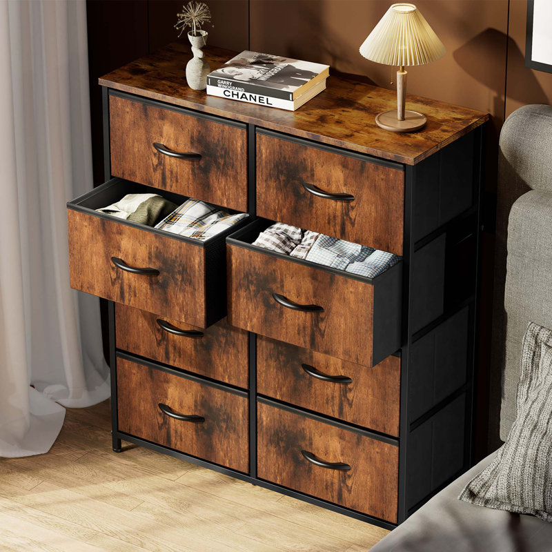 Commode pour chambre avec commode haute 8 tiroirs et commode en tissu avec plateau en bois et structure en acier robuste
