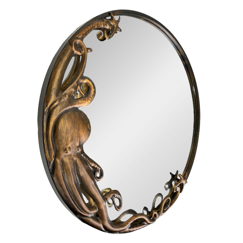 Miroir mural bronze pieuvre - 20 pouces de diamètre décoratif pour la décoration nautique et côtière, point focal unique pour le salon ou la salle de bain.