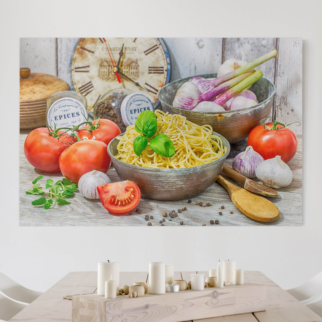 Leinwandbild Schale mit Spaghetti & Basilikum