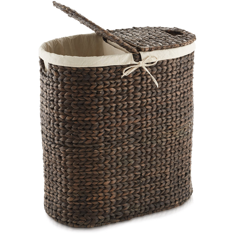 Casafield Oval Laundry Hamper with Lid, 2-Section Water Hyacinth Laundry Basket, Brown