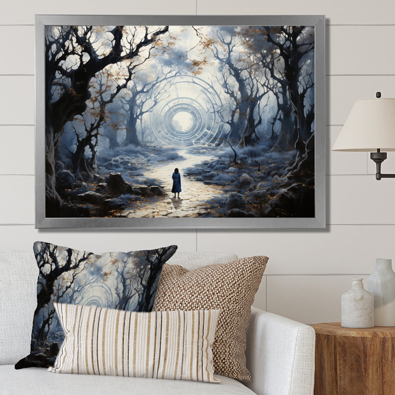 " Gray Buddhism Enlightened Path I ", 16" H x 32" W x 1" D, Silver Picture Framed
