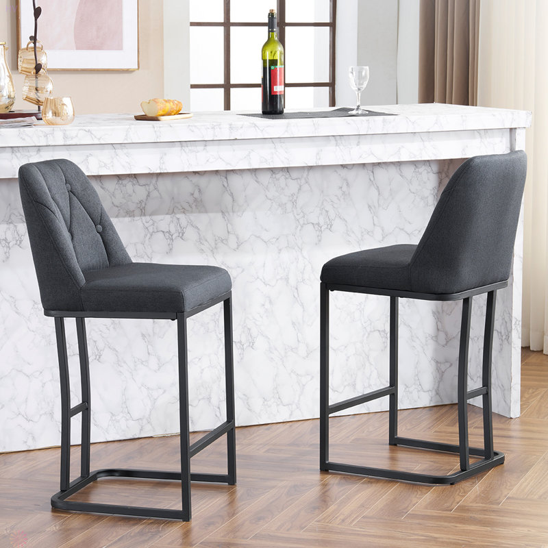 Set Of 2,Modern Upholstered Bar Stool With Button-Tufted Backrest, Counter Height Chair With Sturdy Metal Frame, Comfortable Padded Seat For Kitchen, Bar, Or Dining Room