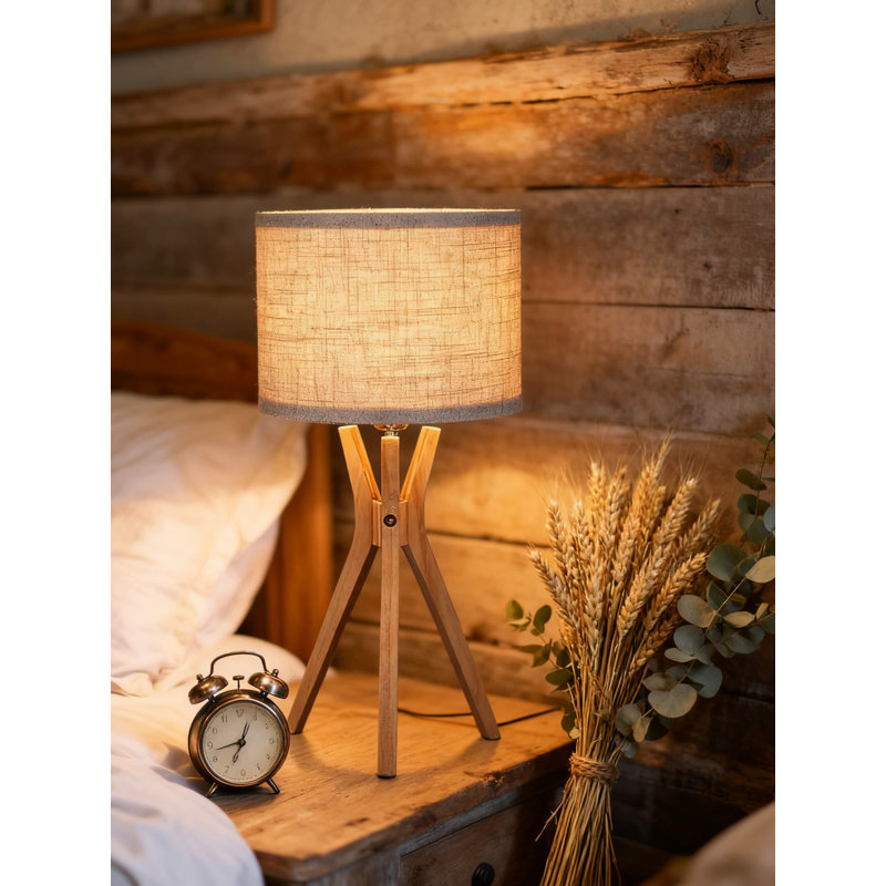 Lampe de table à trépied, lampe de chevet moderne de 17,5 pouces avec pieds en bois et abat-jour en lin beige, lampe de chevet Boho pour chambre à coucher, salon, bureau, base E26