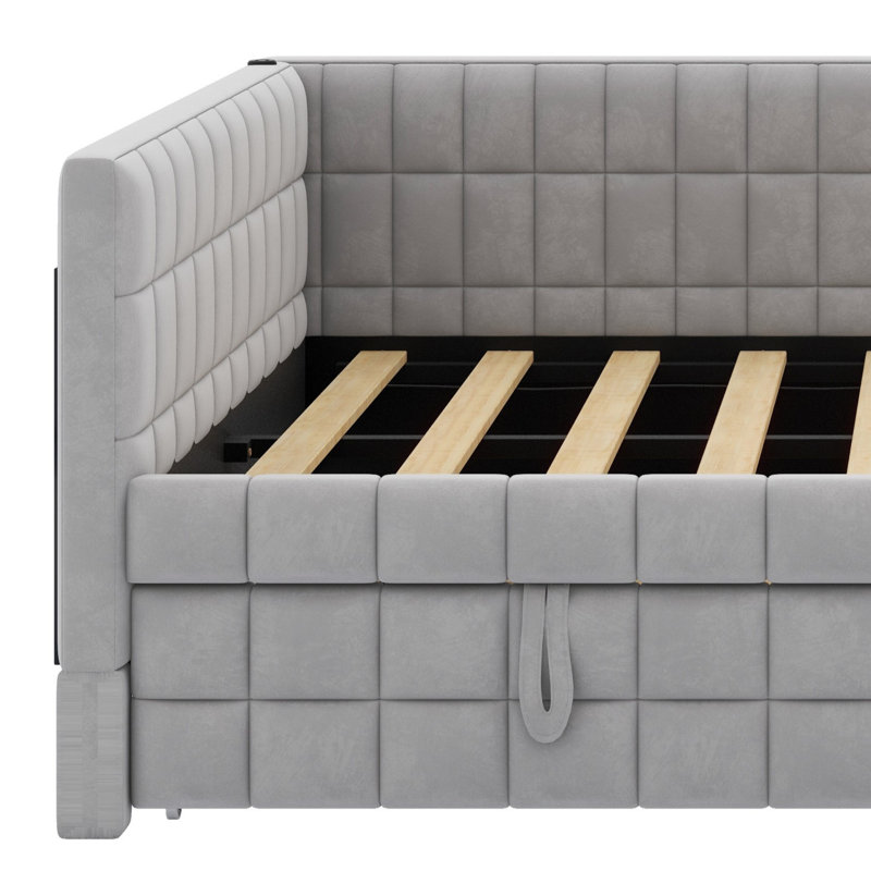 L-Shaped Upholstered Daybed With Pop Up Trundle And USB Ports, Gris