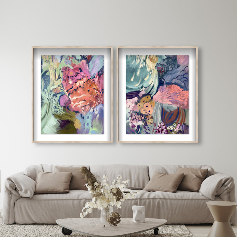 Abstract Botanicals Set Set by Oliver Gal, 75"H x 63"W, Natural Oak Shadowbox
