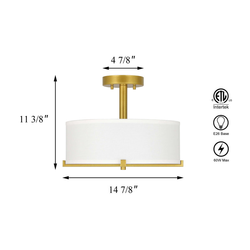 Fabric Semi Flush Mount, Gold Brass