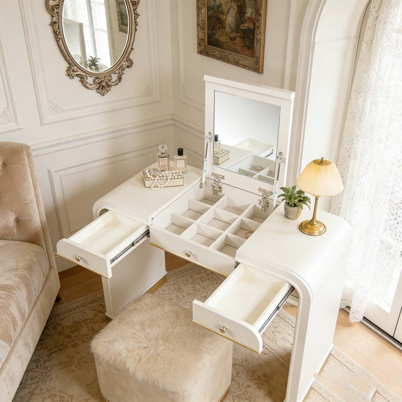 Classic Wood Vanity Desk with Flip Mirror, 3-in-1 Dressing Table with 2 Drawers and Storage Space, Champagne