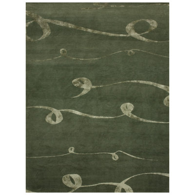 Tapis vert / gris en soie / laine noué à la main
