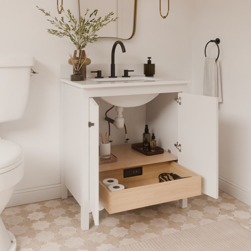 Meuble-lavabo simple festonné 30 po - Blanc - Sans comptoir - Boutons noirs, Blanc, Noir mat