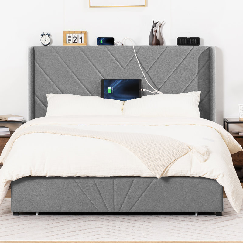 Bed Frame with Headboard and 3 Storage Drawers, Upholstered Platform Bed with Charging Station, Steel Slat Support, No Box Spring Needed, Easy Assembly