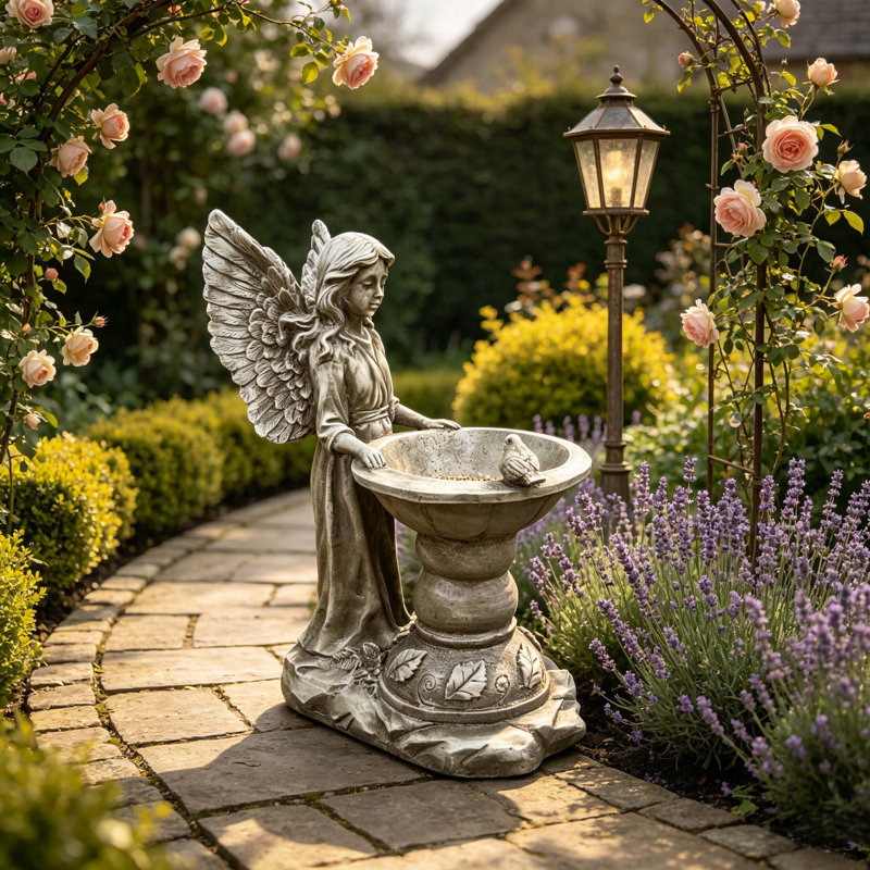 Bain d'oiseaux décoratif en résine en forme d'ange pour la décoration de jardin extérieur