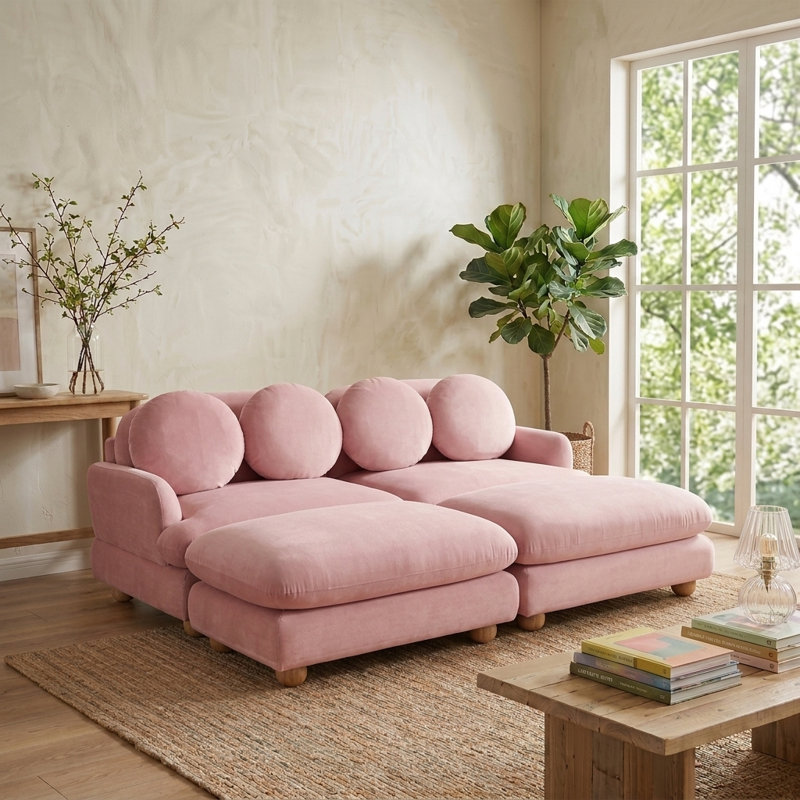 Canapé-lit en chenille pour salon, chambre à coucher, 68 po, 2 Seater with 2 Ottoman, Pink