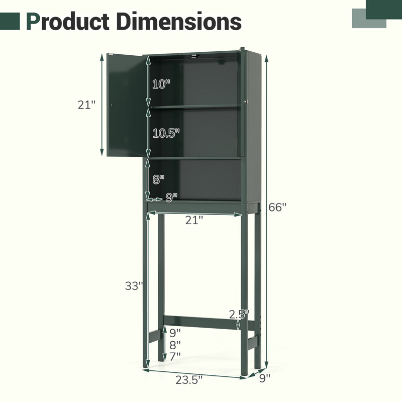 66'' Over the Toilet Storage Cabinet w/Fluted Doors Adjustable Shelf & Bottom Bar Green, Green