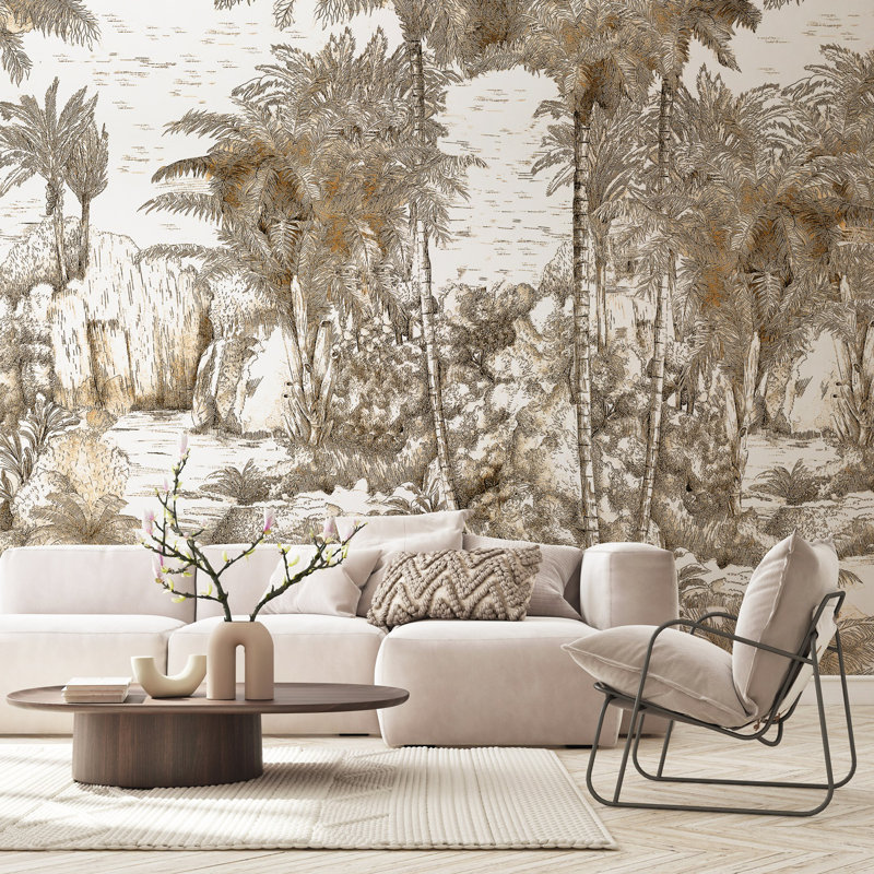Papier peint tropical monochrome dessiné à la main Jungle, L 54,96 po x l 81 po, Brun