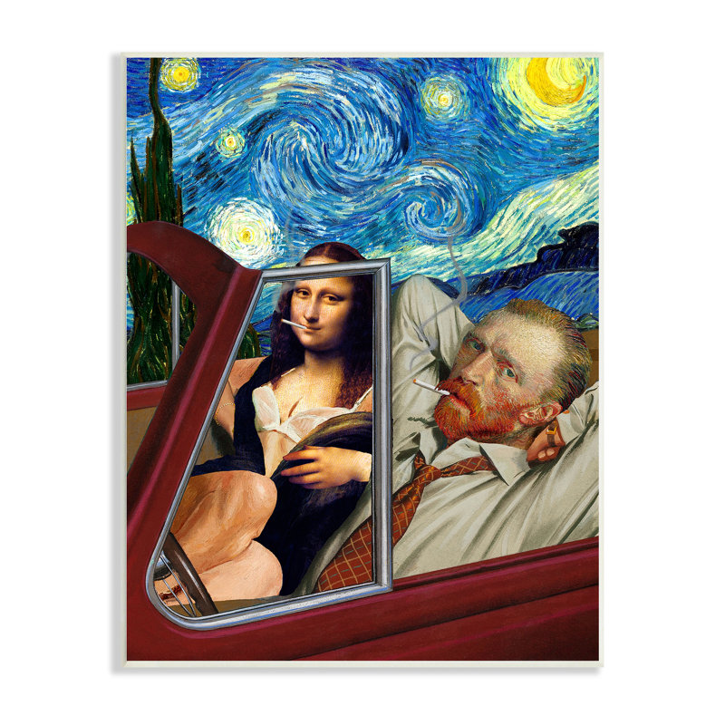 Van Gogh et Mona Lisa conduisant un ciel étoilé par Jeremiah Ketner - impression, Plaque murale, L 16 po x H 16 po