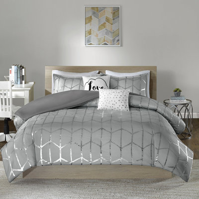 Housse de couette simple / simple TG avec motif géométrique argenté et matériau de base gris élégant