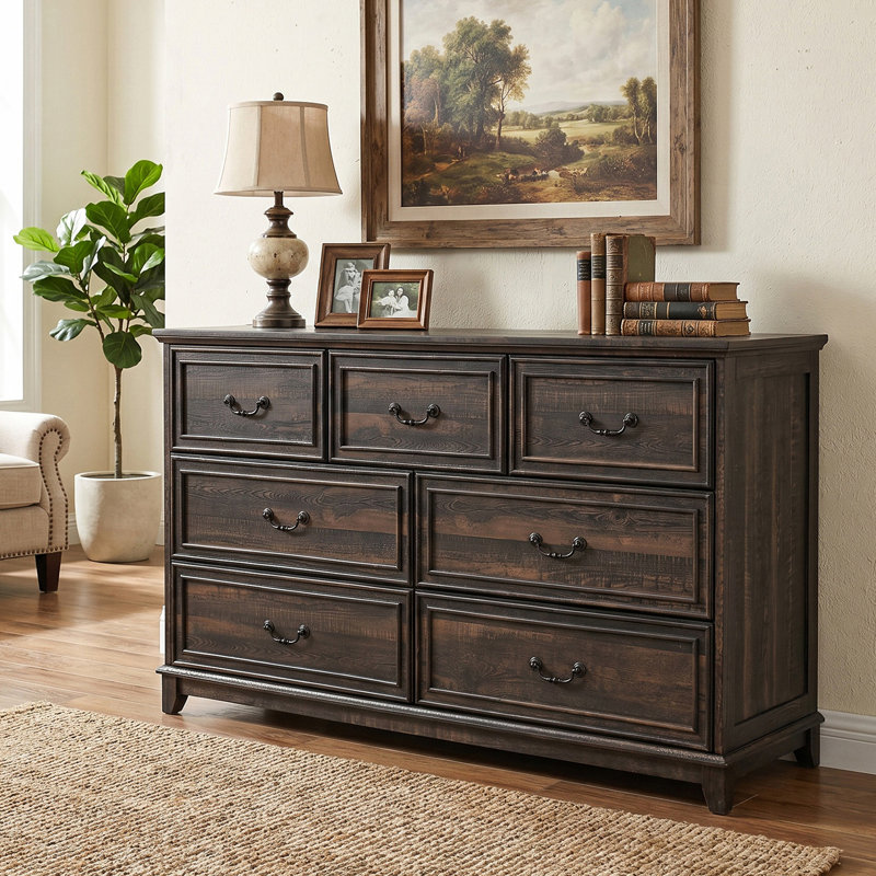 Commode à 7 tiroirs de 54 po de largeur, commode de rangement rustique avec conception anti-basculement, finition chêne foncé pour la chambre à coucher