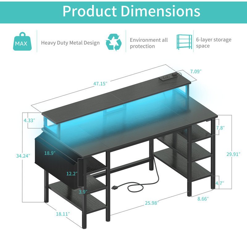 Bureau de jeu pour bureau à domicile de 47 pouces avec support de moniteur, Noir, noir, noir, noir