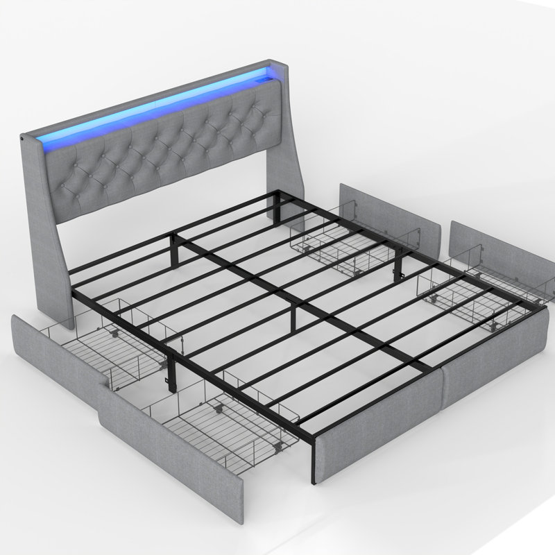 Lits modernes avec rangement, cadre en acier double avec éclairage DEL pour la recharge à domicile