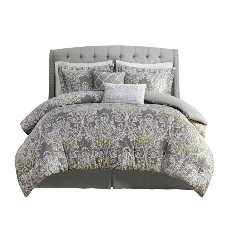 Ensemble d'édredon en coton 6 pièces gris, Édredon double et 5 pièces supplémentaires