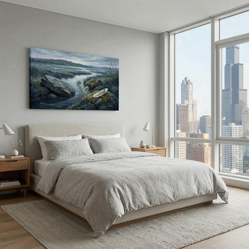 «Misty River and Ferns with Feather on Mossy Rock», art mural sur toile, L 46 po x H 24 po