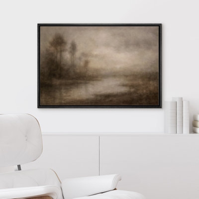 Warm Misty Riverbank with Trees in Soft Neutral Tones Framed Canvas Master Bedroom Wall Art Work Print