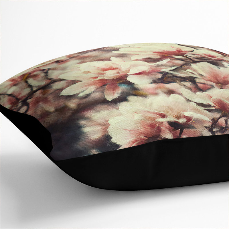 A Pink Magnolia Blossom Tree Painting Square Throw Cushion, 40cm H x 40cm W x 15cm D, Black