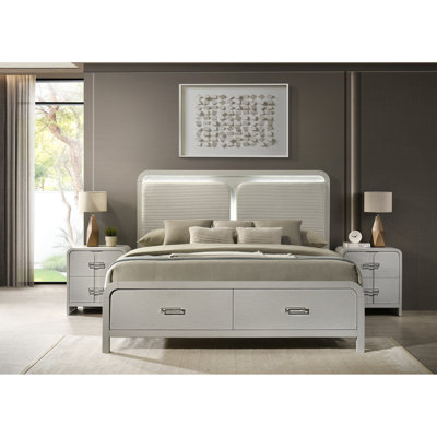 Grand cadre de lit grand avec éclairage d'ambiance et tiroirs intégrés, design contemporain, revêtement beige, tête de lit tapissier à tiroirs pour chambre à coucher, style moderne, finition, décoration