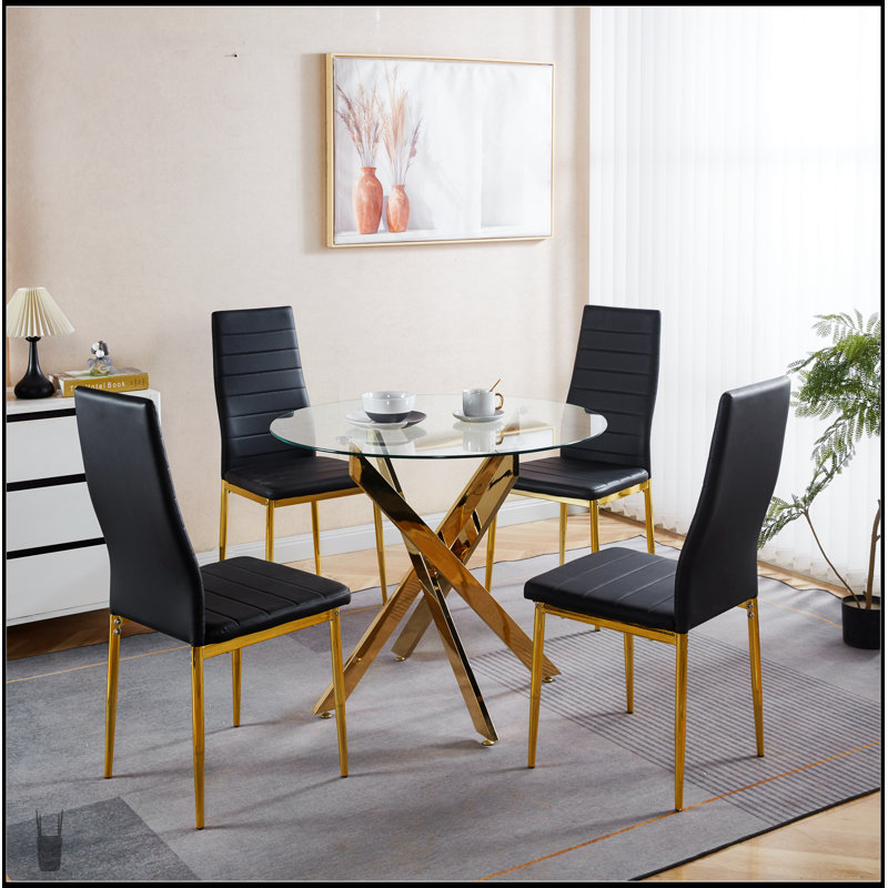 Ensemble repas Mid-Century moderne avec plateau en verre et pieds en métal, polyvalent pour 4 à 6 personnes, parfait pour les repas et les loisirs