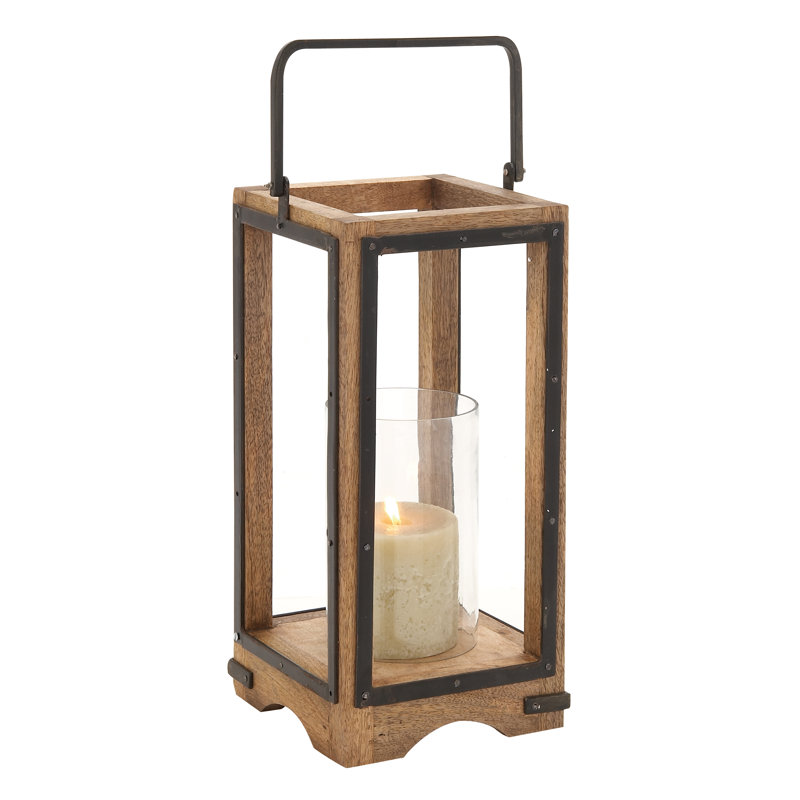 Lanterne brune d'intérieur et d'extérieur en bois de manguier, H 22 po x l 8 po x P 8 po