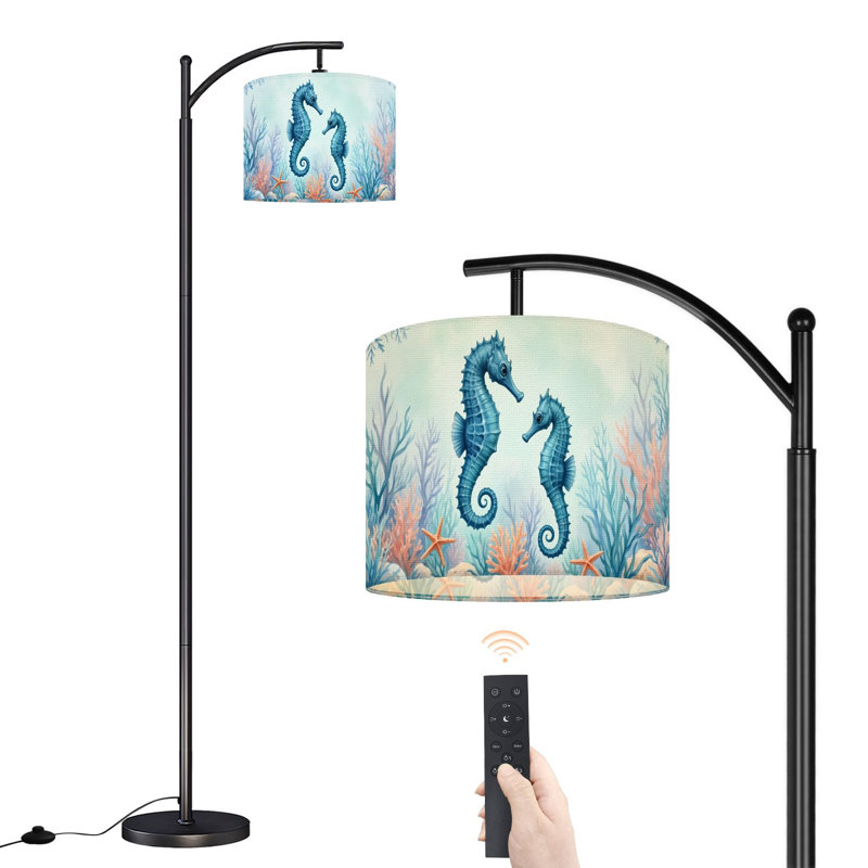 Arc Floor Lamp with Adjustable Lampshade Coastal Seahorse Blue Summer Beach Nautical Coral Seahorses Coral Standing Lamp 3 Color Temperatures Dimmable Tall Pole Lamp with Foot Switch for Bedroom