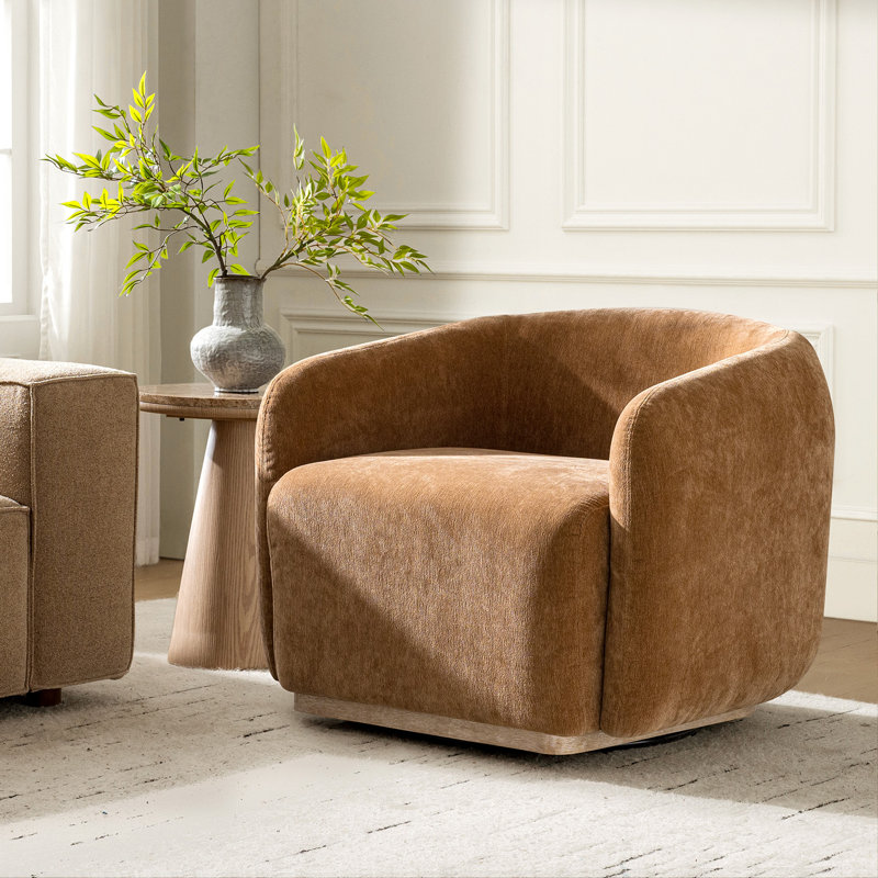 Fauteuil pivotant moderne en chenille avec base en bois massif de 35 po Berklie, Caramel