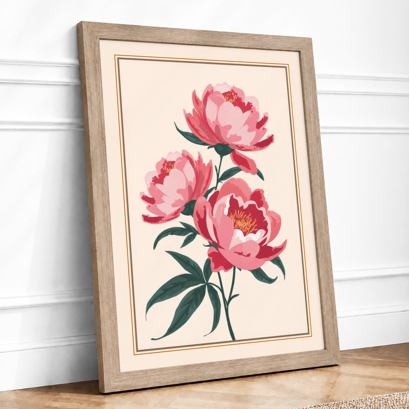 Pink Peonies Botanical - Framed Print, A2 - 59.4 x 42.0 cm, Oak